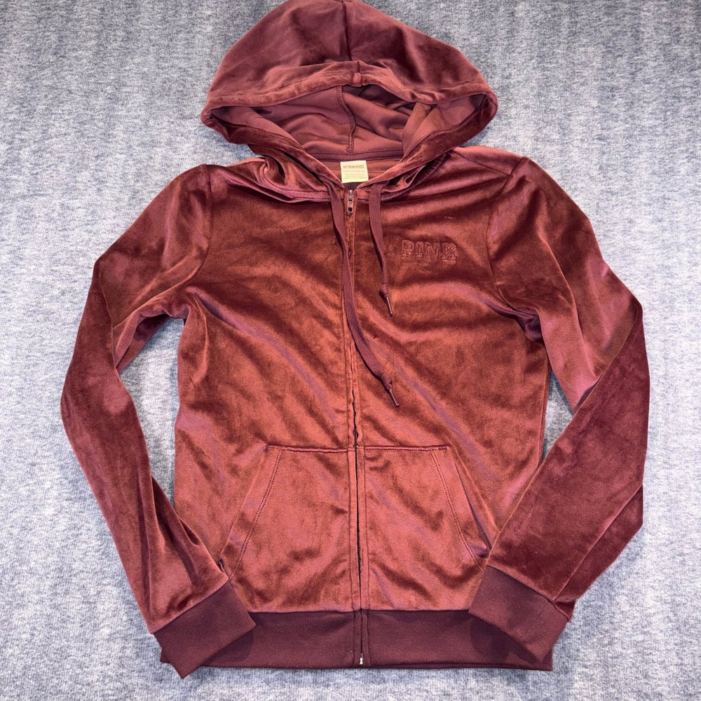 Victorias Secret PINK Maroon Velour Zip Hoodie Sweatshirt Jacket XS